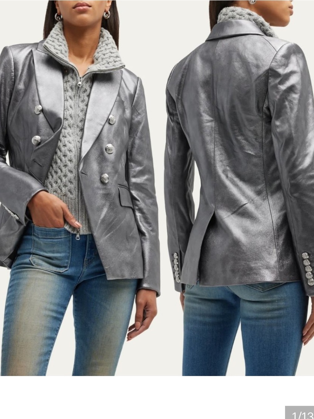 $1698 Veronica Beard Miller Dickey Jacket Gunmetal Metallic silver Leather 12